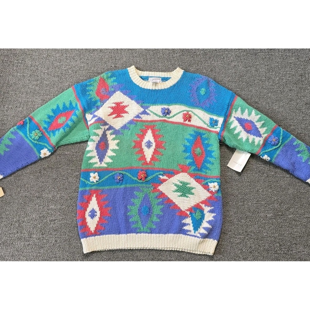 VTG Knitted By Hand By Susan D Aztec/floral Pastel Sweater Size Small